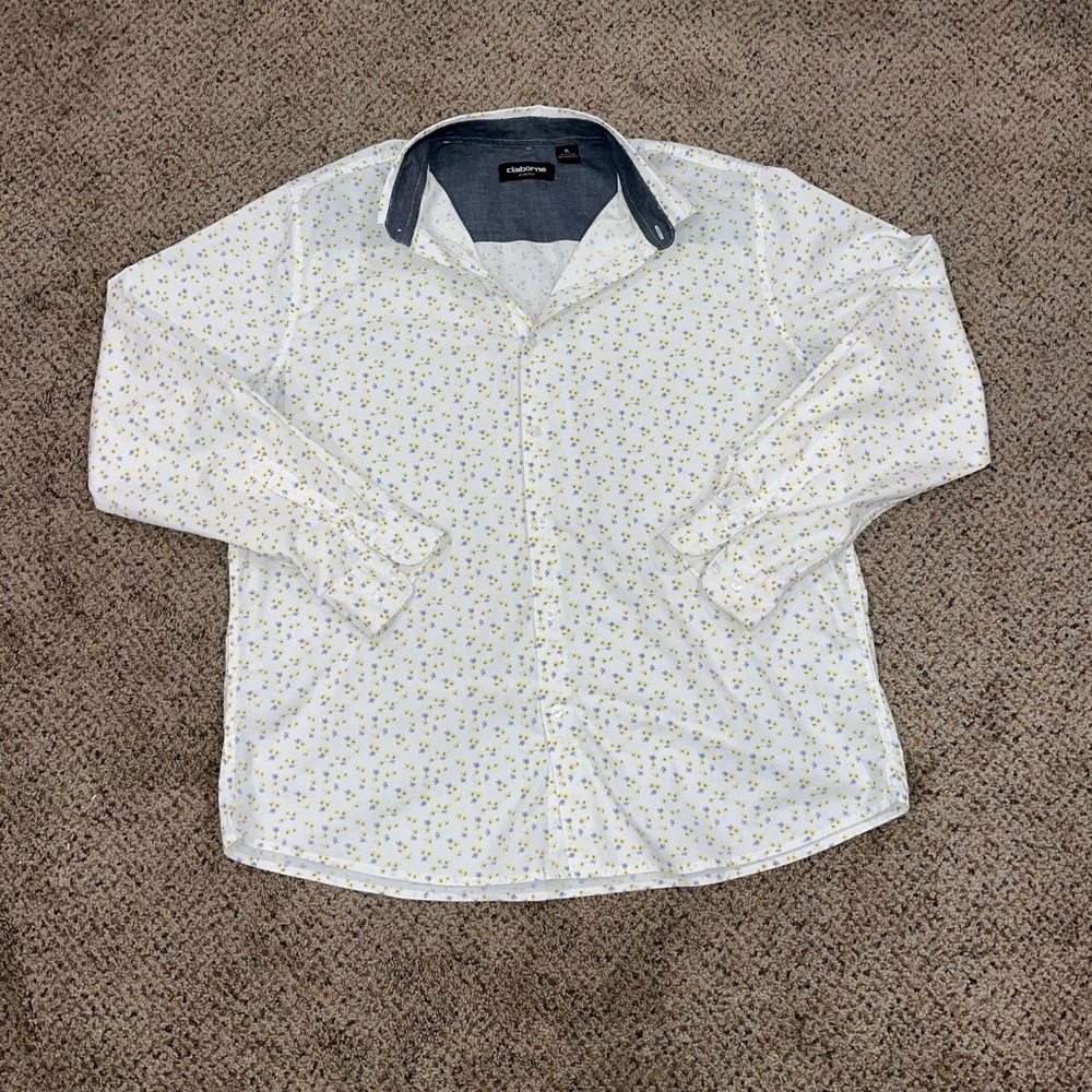 Claiborne Stretch XL button down men’s blue and yellow  floral long sleeve